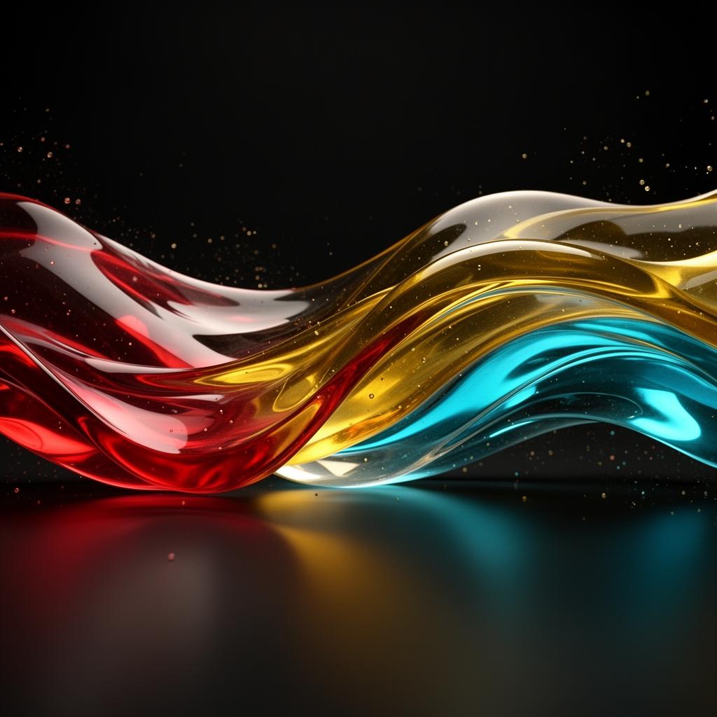 Composição abstrata de vidro líquido em vermelho, amarelo e ciano